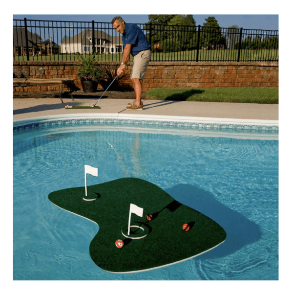 A man playing a game of Blue Wave Aqua Golf Backyard Game in a pool.